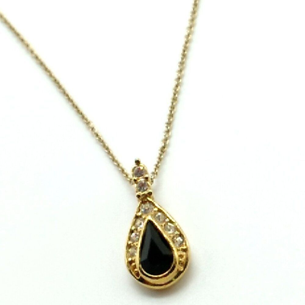 VTG ROMAN Black Rhinestone Teardrop Surrounded by Crystals Pendant Necklace Sign